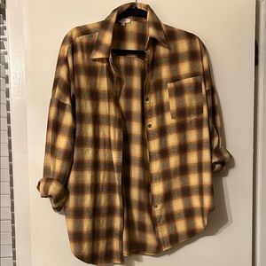 LA MIEL Women's Plaid Button Down Shirt in Brown and Tan